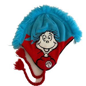 Dr. Seuss Thing 1 Hat Fleece Vintage 2000s One Size Pom Pom Hair Fuzzy